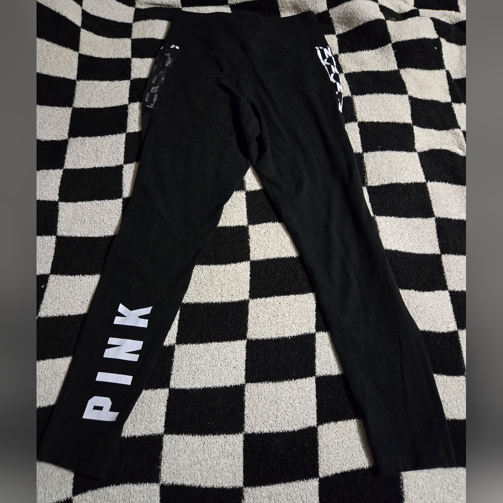 Victoria's Secret Pink black leggings with mesh pocket and logo size large - Picture 2 of 3